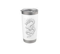 Arte de fantasía y espíritu con tinta blanca del dragón oriental, serpiente, mito Vaso térmico de acero inoxidable de doble pared