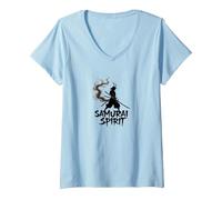 Arte de Guerrero Espiritual samurái japonés para Hombres Camiseta Cuello V, Mujer, Azul Bebé, S