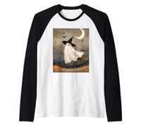 Arte de Halloween Espeluznante Bruja Fantasma en Escoba Camiseta Manga Raglan