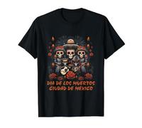 Arte de la Banda Familiar del Esqueleto de Mariachi del Día de los Muertos Camiseta gráfica económica, Hombre, Negro, M