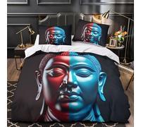 Arte de la Cara de Buda Funda de Edredón con Fundas de Almohada 3 Piezas Suave Diseño 3D Cremallera Oculta Transpirable Monje Sereno Negro Blanco Funda Edredon for niños y niñas Double（200x200cm）