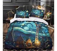 Arte de la noche estrellada 3D Impresión Funda de edredón 3pz Microfibra cremallera oculta Estilo surrealista de Crepúsculo Edredón funda 2 fundas cremallera Parejas Familia Single（140x200cm）