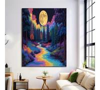 Arte de la Pared de la Lona Carteles e Impresiones, Vistoso Luna Llena Bosque Río Psicodélico Lienzo Pintura Cuadros de Sala de Estar Decoración, 50x70cm Sin Marco