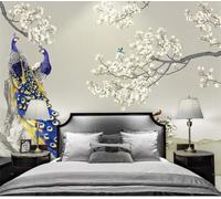 Arte De La Vendimia Del Pavo Real Blanco Ramas De Flores 3D Papel Pintado Pared Fácil Instalación Oficina Sala Estar Sofá Dormitorio TV Fondos Decoración-350cm×256cm