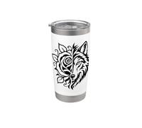 Arte de línea boho ornamental tribal de media rosa con lobo floral Vaso térmico de acero inoxidable de doble pared