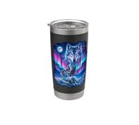 Arte de Lobo bajo la Aurora y la Luna Vaso térmico de acero inoxidable de doble pared