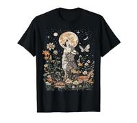 Arte de Lobo Desgastado con Aspecto Bohemio de Cottagecore Camiseta gráfica económica, Hombre, Negro, S