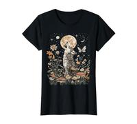 Arte de Lobo Desgastado con Aspecto Bohemio de Cottagecore Camiseta gráfica económica, Mujer, Negro, S