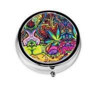 Arte de malezas de hojas multicolor. Este pequeño pastillero redondo es un organizador portátil de medicamentos de viaje con tres compartimentos para almacenar medicamentos diarios.