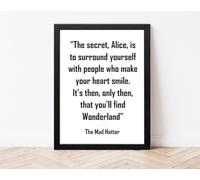 Arte de pared A4 con texto en inglés "Mad Hatter The Secret", diseño de Alicia en el país de las maravillas, impresión inspiradora, cita motivacional, cita de sonrisa de corazón