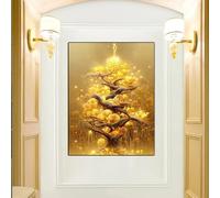 Arte de pared abstracto clásico, lienzo de árbol de la suerte dorado, póster decorativo para el hogar, sala de estar y dormitorio (90x120cm/marco interior)