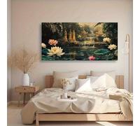 Arte de pared abstracto moderno con cascada de loto, pintura en lienzo, decoración del hogar, impresiones de arte de pared para sala de estar y dormitorio (70 x 144 cm)