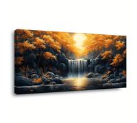 Arte de pared abstracto moderno con cascada dorada, pintura en lienzo, decoración del hogar, impresiones de arte de pared para sala de estar y dormitorio (65 x 125 cm)