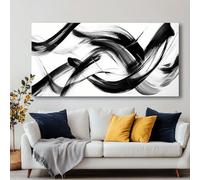 Arte de pared abstracto moderno, pintura en tinta blanca y negra sobre lienzo, decoración horizontal contemporánea para sala de estar, dormitorio, oficina (45 x 90 cm/18 x 35 pulgadas)