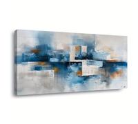Arte de pared abstracto moderno pintura geométrica en lienzo azul gris y naranja obra de arte contemporáneo horizontal para sala de estar y oficina (30 x 60 cm sin marco)
