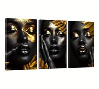 Arte de pared afroamericano, juego de 3 piezas, pintura de mujer africana, lienzo dorado de chica negra, impresión moderna para sala de estar y dormitorio, 40 x 60 cm x 3, con marco