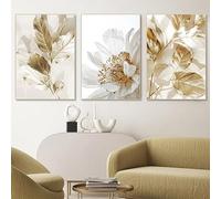 Arte de pared botánico beige con flores blancas y hojas doradas, arte de pared de hojas neutrales, impresiones botánicas beige, arte de pared neutro, arte de pared beige, impresiones artísticas de