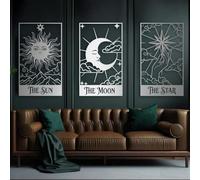 Arte de Pared Celestial de Tarot Negro de Metal, decoración de Pared de Sol, Luna y Estrellas de Metal, decoración de Arte de Interior para Dormitorio, Sala de Estar, Dormitorio, Pasillo y e