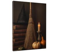 Arte de pared con escoba de Halloween, decoración de bruja marrón y negra, acogedora estética otoñal para sala de estar, dormitorio, oficina, lienzo envuelto de 8 x 12 pulgadas