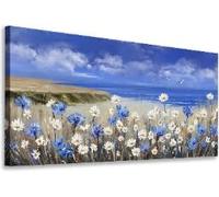 Arte de pared con flores costeras, lienzo floral de playa, cuadros coloridos de paisaje marino, margaritas blancas, impresiones en lienzo, decoración para sala de estar (40 x 80 cm/marco interior)