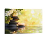 Arte de pared con piedra zen, bambú, flor blanca, vela de meditación, arte zen para colgar en el baño, arte de naturaleza muerta para yoga, dormitorio, decoración del hogar, 60 x 90 cm