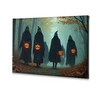 Arte de pared costero con cinco figuras con capucha que llevan linternas brillantes en un bosque brumoso. Lienzo decorativo para decoración de baño (20 x 30 cm)