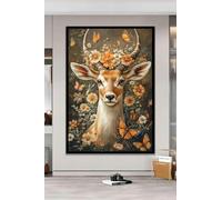 Arte de pared de antílope, impresión de póster de retrato abstracto de animal, pintura en lienzo de flores y mariposas, obra de arte de decoración del hogar vintage (30 x 40 cm/marco interior)