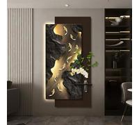 Arte de pared de arenisca 3D con luces LED cálidas, esculturas de pared de entrada iluminadas modernas con orquídeas artificiales integradas, mural escénico Feng Shui(Giallo,120*48cm/47.2*18.9in)