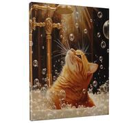 Arte de pared de baño de burbujas de gato, decoración de ducha felina naranja dorado, estampado de animales juguetones para sala de estar, dormitorio, baño, estética divertida del hogar, sin marco