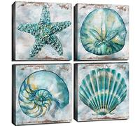Arte de pared de conchas marinas de granja, color verde azulado, aguamarina, playa, estrella de mar, decoración de pared, obra de arte rústico costero para paredes, baño, conchas de mar, cuadros