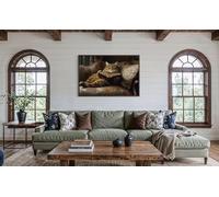 Arte de pared de gato atigrado gordo leyendo un libro, impresión en lienzo de un acogedor gato de biblioteca, pintura vintage caprichosa de animales para decoración (40 x 60 cm/marco interior)