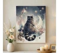 Arte de pared de gato celestial, impresión en lienzo azul y gris, estrella y luna, decoración elegante para el hogar, sala de estar, dormitorio, oficina, diseño abstracto, 40,6 x 50,8 cm