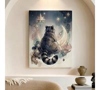 Arte de pared de gato celestial, impresión en lienzo azul y gris, estrella y luna, decoración elegante del hogar para sala de estar, dormitorio, oficina, diseño abstracto de 12 x 16 pulgadas