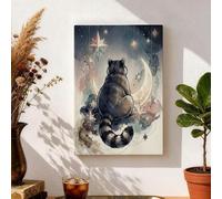 Arte de pared de gato celestial, impresión en lienzo azul y gris, estrella y luna, decoración elegante del hogar para sala de estar, dormitorio, oficina, diseño abstracto de 8 x 12 pulgadas