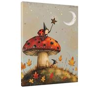 Arte de pared de hongos de cuento de hadas, decoración de lienzo de noche de otoño, arte de fantasía estrellada para habitación de niños, guardería, sala de juegos, sin marco, 12 x 16 pulgadas