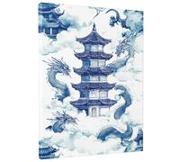 Arte de pared de la pagoda del dragón chino, pintura decorativa azul y blanca, estilo asiático, decoración estética del hogar para sala de estar, dormitorio, oficina, sin marco, 8 x 12 pulgadas