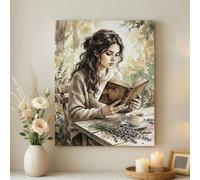 Arte de pared de lectura otoñal, lienzo de escena natural beige y verde, decoración del hogar para sala de estar, dormitorio, oficina, estética relajante, 40,6 x 50,8 cm
