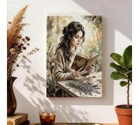 Arte de pared de lectura otoñal, lienzo de escena natural beige y verde, decoración del hogar para sala de estar, dormitorio, oficina, estética relajante, 8 x 12 pulgadas
