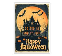 Arte de pared de lienzo de casa encantada de Halloween Luna llena Mansión fantasma Murciélagos Decoración de pared de calabaza para dormitorio de niño Pósters del comedor sin enmarcar 30x45cm