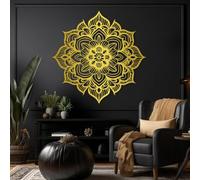 Arte de Pared de Mandala de Metal Negro, decoración de Pared de Metal para Sala de Yoga Zen, Escultura Moderna de Mandala para Sala de Estar, Dormitorio, Pasillo y escaleras (Dorado, 90