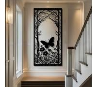 Arte de Pared de Mariposa y Flor de Metal Negro, decoración de Pared de Arte botánico de Naturaleza de Metal, decoración rústica de Arte de Granja para Sala de Estar, Dormitorio, Pasillo y e