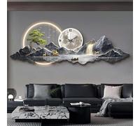 Arte de pared de metal 3D con luz LED y reloj, escultura moderna de paisaje de Feng Shui para sala de estar, dormitorio, estudio, decoración de hotel