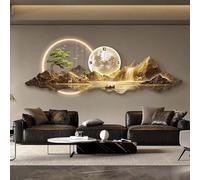 Arte de pared de metal 3D para sala de estar, escultura de pared moderna con luz LED y reloj, decoración de pared de paisaje oriental Feng Shui, para sala de estar, dormitorio, estudio, decoración de