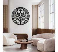 Arte de Pared de Metal con diseño de árbol de la Vida, pájaros y Cruz para Sala de Estar, Dormitorio y Oficina (Negro, 90 x 90 cm)