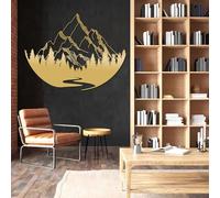 Arte de Pared de Metal con diseño de montaña, Bosque, montaña, Paisaje Natural, Ideal para Dormitorio, Regalo para Amantes del Aire Libre (Dorado, 80 x 105 cm)