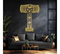 Arte de Pared de Metal con el Martillo Mjolnir de Thor, Nudo Celta, mitología nórdica, para Sala de Estar (Dorado, 70 x 50 cm)