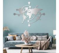 Arte de Pared de Metal: Mapa del Mundo y brújula, decoración de Pared, para Sala de Estar, Dormitorio y Oficina (Plateado, 60 x 45 cm)