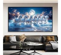 Arte de Pared de Metal Minimalista Moderno con 7 Caballos Corriendo, Lienzo con Caballos Blancos, Lienzo con Caballos Corriendo sobre el mar, decoración de Pared con imágenes de Caballos, Siete Cabal
