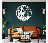 Arte de Pared de Metal Minimalista Moderno con Forma de Ciervo Circular, decoración rústica para cabaña, Sala de Estar, Dormitorio y baño (Blanco, 100 x 100 cm)