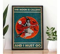 Arte de pared de metal rústico con texto en inglés "The Moon is Calling and I Must Go Witch", póster de Halloween, letrero de metal vintage para decoración de habitación, arte de pared, letrero de